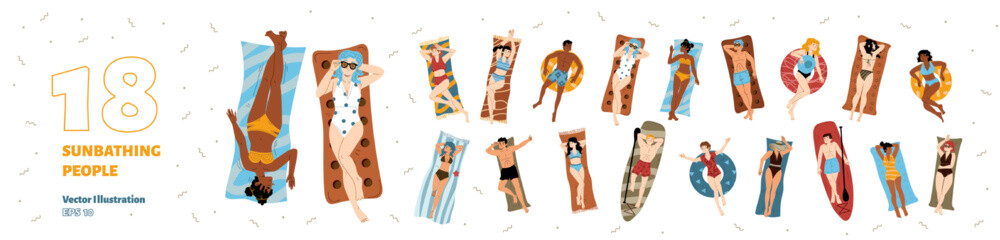 People sunbathing lying on towel, mat, surfboard and inflatable float. Diverse men and women in swimsuits relax on summer beach, vector hand drawn illustration