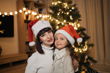 Close up portrait of lovely family of two, beautiful young mother and her cute little daughter in warm knitted white sweaters in front of decorated Christmas tree.