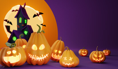 Horizontal Happy Halloween banner. Cartoon 3D-Realistic symbols: Glowing Jack O Lantern pumpkins, spooky house, graveyard, full moon, clouds with purple background. Trick or Treat holiday invitation.