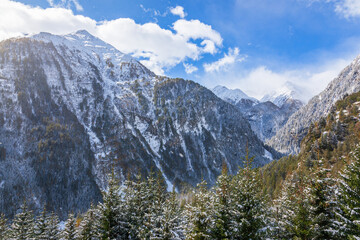 View at snow capped mountain peak in the alps