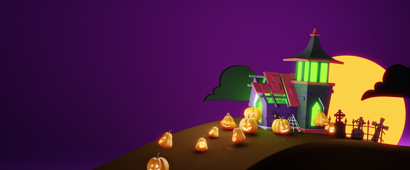 Horizontal Happy Halloween banner. Cartoon 3D-Realistic symbols: Glowing Jack O Lantern pumpkins, spooky house, graveyard, full moon, clouds with purple background. Trick or Treat holiday invitation.