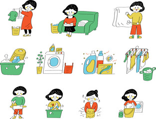 洗濯や掃除をしている女性のイラスト