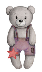 Cute cartoon teddy bear with toy star. Hand painted watercolor illustration for chidren and baby design. Isolated.
