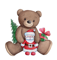 Adorable cute pretty teddy bear, toy animal, retro style. Watercolor colourful hand drawn art, illustration, icon, print. Isolated.