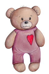 Cute cartoon teddy bear standing front position. Hand painted watercolor illustration for chidren and baby design. Isolated.