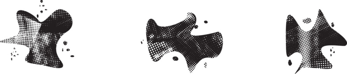 Glitch distorted grungy abstract forms . Blob shape organic. Template for presentation, banner . Fluid isolated shape .Grunge textured . Liquid vector shapes with halftone dots .Screen print texture