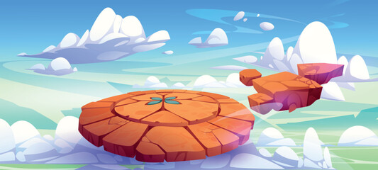 Battle arena, magic altar with runes in float blue sky with clouds. Cartoon game background with floating round platform covered with glowing ancient signs and flying rocks, Vector illustration