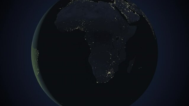Seamless looping animation of the earth at night zooming in to the 3d map of Madagascar with the capital and the biggest cites in 4K resolution