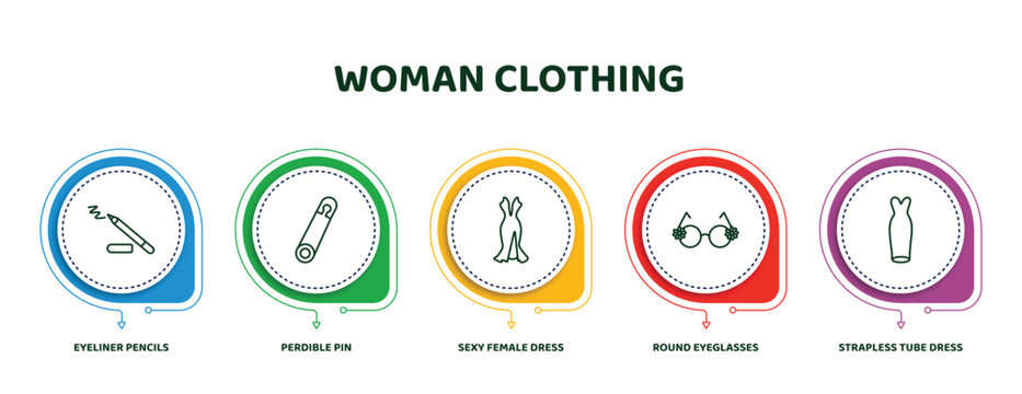 editable thin line icons with infographic template. infographic for woman clothing concept. included eyeliner pencils, perdible pin, sexy female dress, round eyeglasses, strapless tube dress icons.