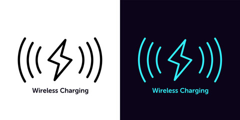 Outline wireless charging icon, with editable stroke. Wireless charger sign, electric charge with waves, lightning pictogram - obrazy, fototapety, plakaty