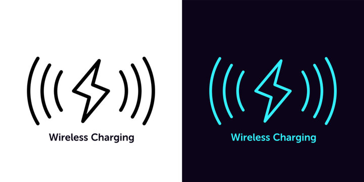Outline wireless charging icon, with editable stroke. Wireless charger sign, electric charge with waves, lightning pictogram
