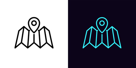 Outline map icon, with editable stroke. Linear map with pin marker, map pointer pictogram. Navigation landmark