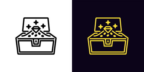 Outline treasure chest icon, with editable stroke. Opened chest with gold coins and diamond, treasure box pictogram