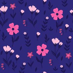 Fototapeta na wymiar Seamless pattern with leaves and flowers. Vector graphics.