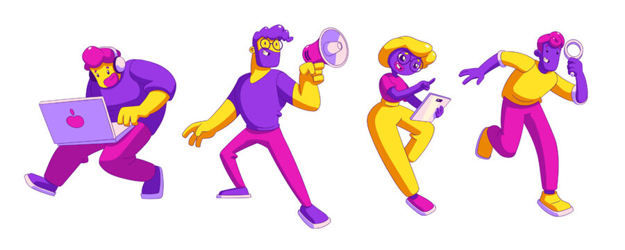 Seo analytics team isolated contemporary characters with laptop, loudspeaker, tablet and magnifier. Search engine optimization company, men and women employees work, Cartoon linear vector illustration