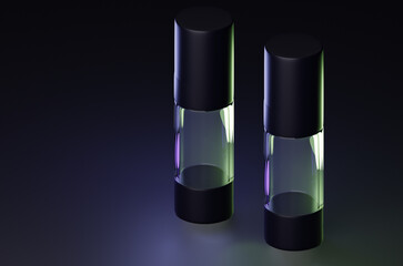 3d render on a dark background. Stylish tube for cosmetics. Around many light glare green and purple or blue color.