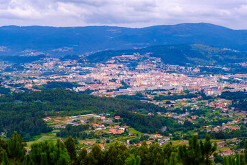 Fototapeta na wymiar Monte de A Fracha viewpoint, forest park. It allows a complete perspective of the city of Pontevedra and its various neighborhoods, in Galicia (Spain)