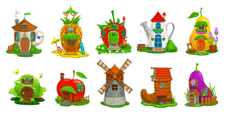 Windmill, pineapple, strawberry, pear, cabbage, apple, eggplant, mug, boot and watering can cartoon houses. Vector fairytale dwellings, fantasy buildings, gnome or elf cute home cottages isolated set - obrazy, fototapety, plakaty