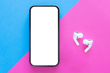 Mobile phone's screen mockup on simple turquoise blue and pink colored background