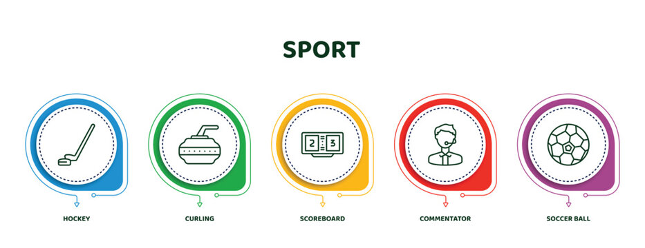 editable thin line icons with infographic template. infographic for sport concept. included hockey, curling, scoreboard, commentator, soccer ball icons.