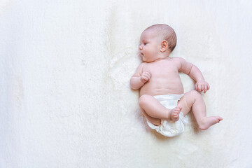 Diaper changing kid newborn banner. Happy cute infant baby in nappy. Child care white background....