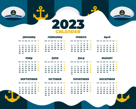 Hand drawn anchors and nautical 2023 calendar template