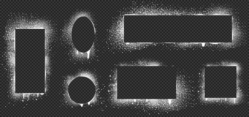 Spray paint frames, white brush stencil graffiti borders square, oval and rectangular shapes. Grunge airbrush texture, inky contour forms with splashes, smudges isolated on black background Vector set