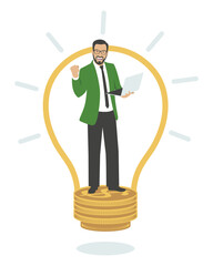 A man stands on coins and rejoices at success in business. The man in the light bulb. Time is money. Flat design. Vector illustration.