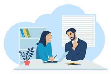 Office workers communicate, joke and laugh. Conversation of office workers. Flat design. Vector illustration