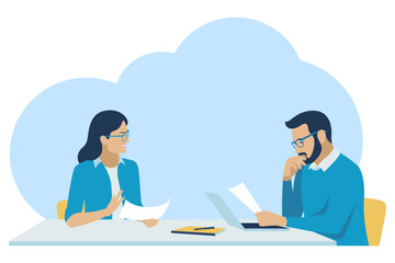 Coworkers sit at the table and discuss work while reading documents. Flat design. Vector illustration