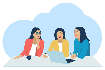 The girlfriend's office workers sit at the table and jokingly talk about work. Three smiling girls are looking at a laptop and sitting at a table and discussing a deal. Flat. Vector illustration