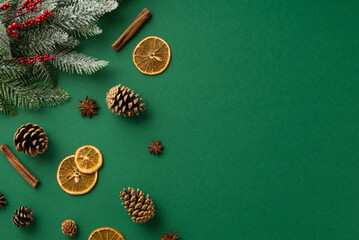 Christmas decorations concept. Top view photo of dried orange slices anise cinnamon sticks pine cones mistletoe berries and spruce branches in hoarfrost on isolated green background with blank space