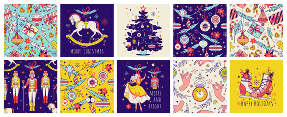 Set of Vintage Noel Christmas seamless patterns, prints, posters and stickers with greeting slogans. Graphic Collection of square illustrations: nutcracker, ballerina, solder, rocking horse, christmas