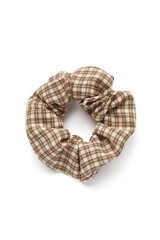 Subject shot of a wide plaid scrunchie made out of soft a silky fabric with checkered print. The...
