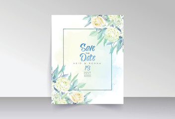 Light green and off-white rose save the date card with blue leaves