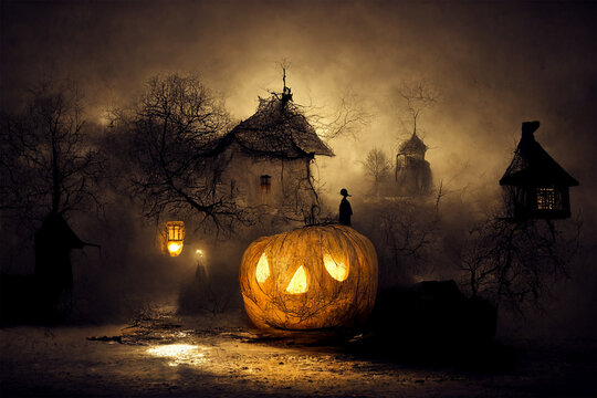 Halloween Night digital illustration, Happy Halloween art, creepy Ghost spirits, pumpkins, spiders