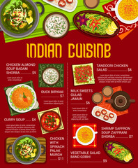 Indian cuisine meals vector menu with vegetable and meat spice food, curry, milk dessert. Duck rice biryani, shrimp saffron and almond soups, tandoori chicken and veggie salads, spinach chicken curry