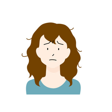 くせ毛に悩んでいる女性のイラスト（白背景・ベクター・切り抜き）