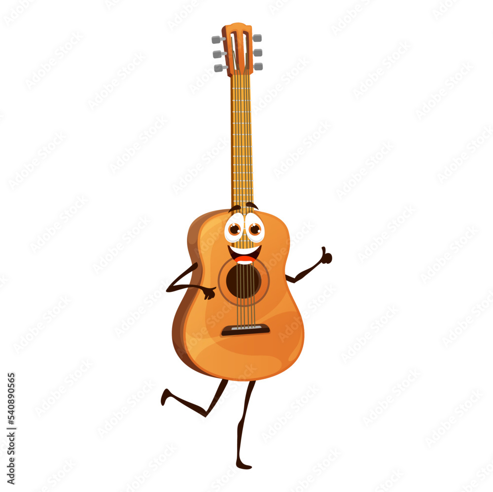 Sticker cartoon acoustic guitar character. isolated vector musical string instrument personage with smiling 