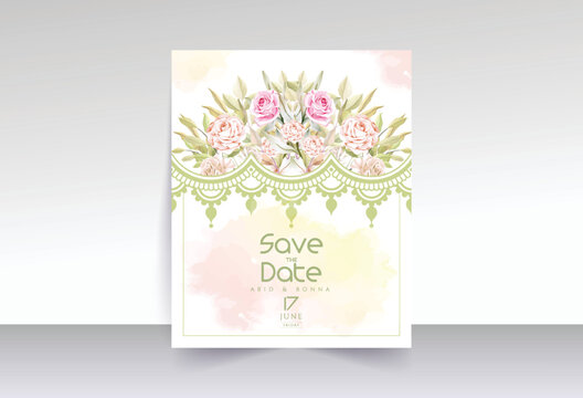 Pink and off-white rose save the date card with mandala design