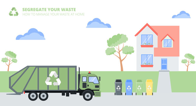 Garbage collection. Plastic bins, truck for garbage and waste incineration plants. Waste Factory, truck, containers. Different types of trash: Organic, Plastic, Metal, Paper, Glass, E-waste. Vector