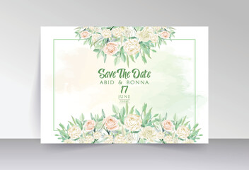 Green leaves with pink and off-white rose save the date card 