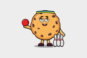 Cute cartoon Biscuits character playing bowling in flat modern style design illustration