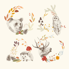 Vector Card with Hand Drawn Animals in Autumn Wreaths with Leaves and Fir Cones