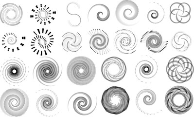 Big set of lines in Circle Form . Spiral Vector Illustration .Big collection of round Logos . Rouhgen edges . Abstract Geometric circular shapes .Rotating radial lines collection. Concentric circles