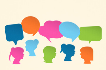 multi color of lady icon and cloud speech bubble paper on grunge background for different opinions, discussion, consultants, meeting, brainstorming, woman right campaign concept