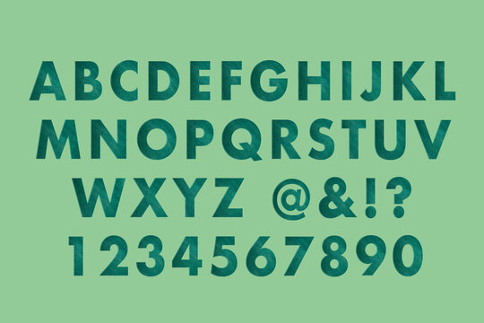 grunge green alphabet and number paper cut on  green background ,easily remove background with selection tool