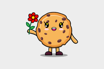 Cute cartoon Biscuits character holding red flower in concept 3d cartoon style
