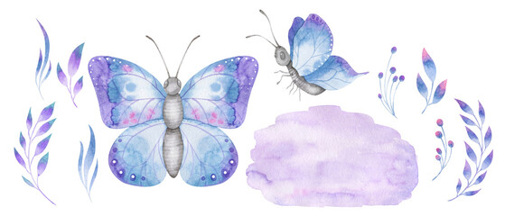 Watercolor set with blue and violet butterflies, background and forest foliage