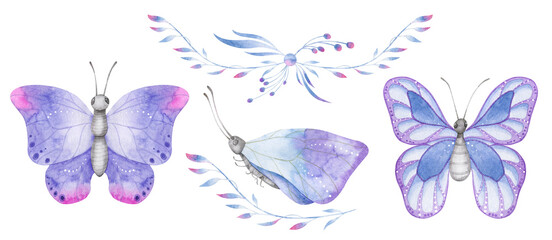 Obraz na płótnie Canvas Watercolor set with blue and violet butterflies, floral arrangement and branch